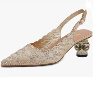 XYD Gold Rhinestones Pointed Toe Slingback Sandals Crystal Block Low Heels Pumps